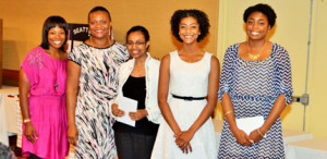 (L-R): AKA Education Chair, Jennifer Coleman; AKA President, Phyllis Scott Lowe; and AKA scholarship winners: Miriam Mulgheta, Kayla Rae Ortiz, and Zhane Blades.