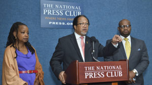 Dr. Benjamin F. Chavis, Jr. (center), president and CEO of the NNPA, speaks during a press conference on police brutality and police misconduct in the Black community joined by Denise Rolark Barnes (left), the chairwoman of the NNPA and publisher of The Washington Informer, Bernal E. Smith II, a member of the NNPA Board of Directors and publisher of The New Tri-State Defender. Photo/Freddie Allen/AMG/NNPA.
